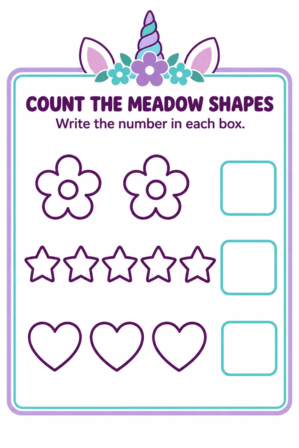Count the meadow shapes printable for a unicorn birthday party