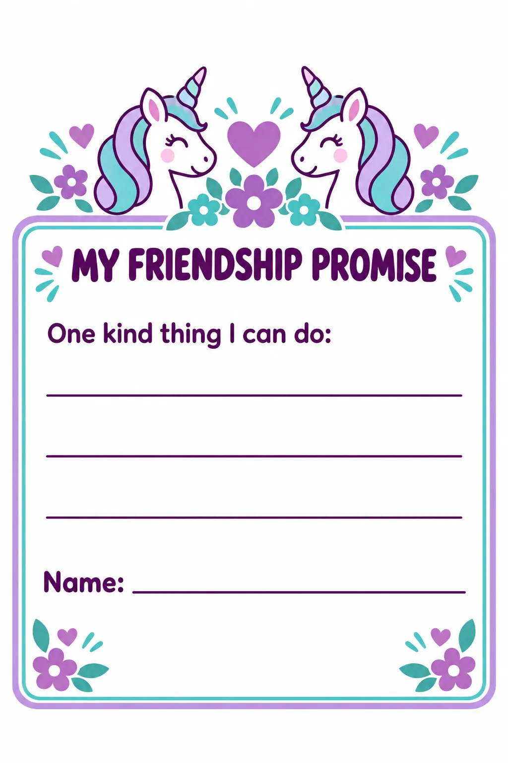 Unicorn friendship promise printable for a unicorn birthday party