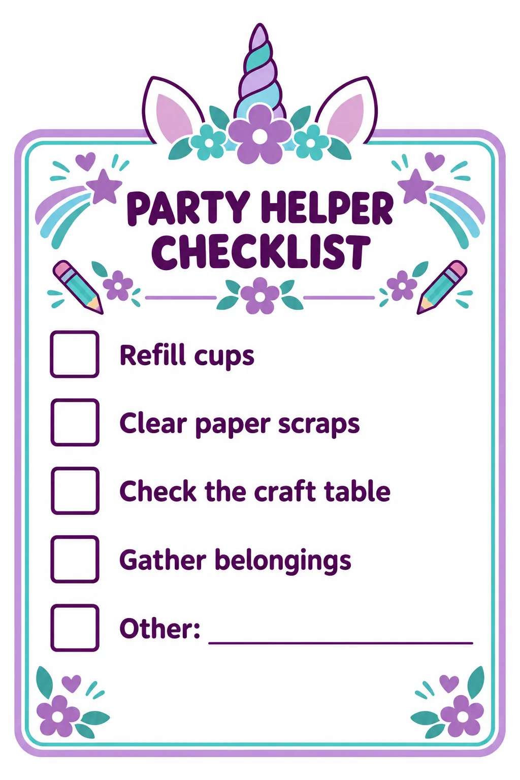 Party helper checklist printable for a unicorn birthday party