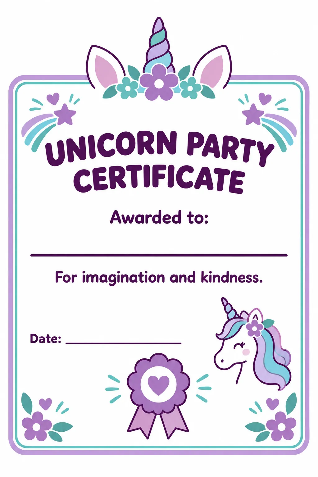 Unicorn party certificate printable for a unicorn birthday party