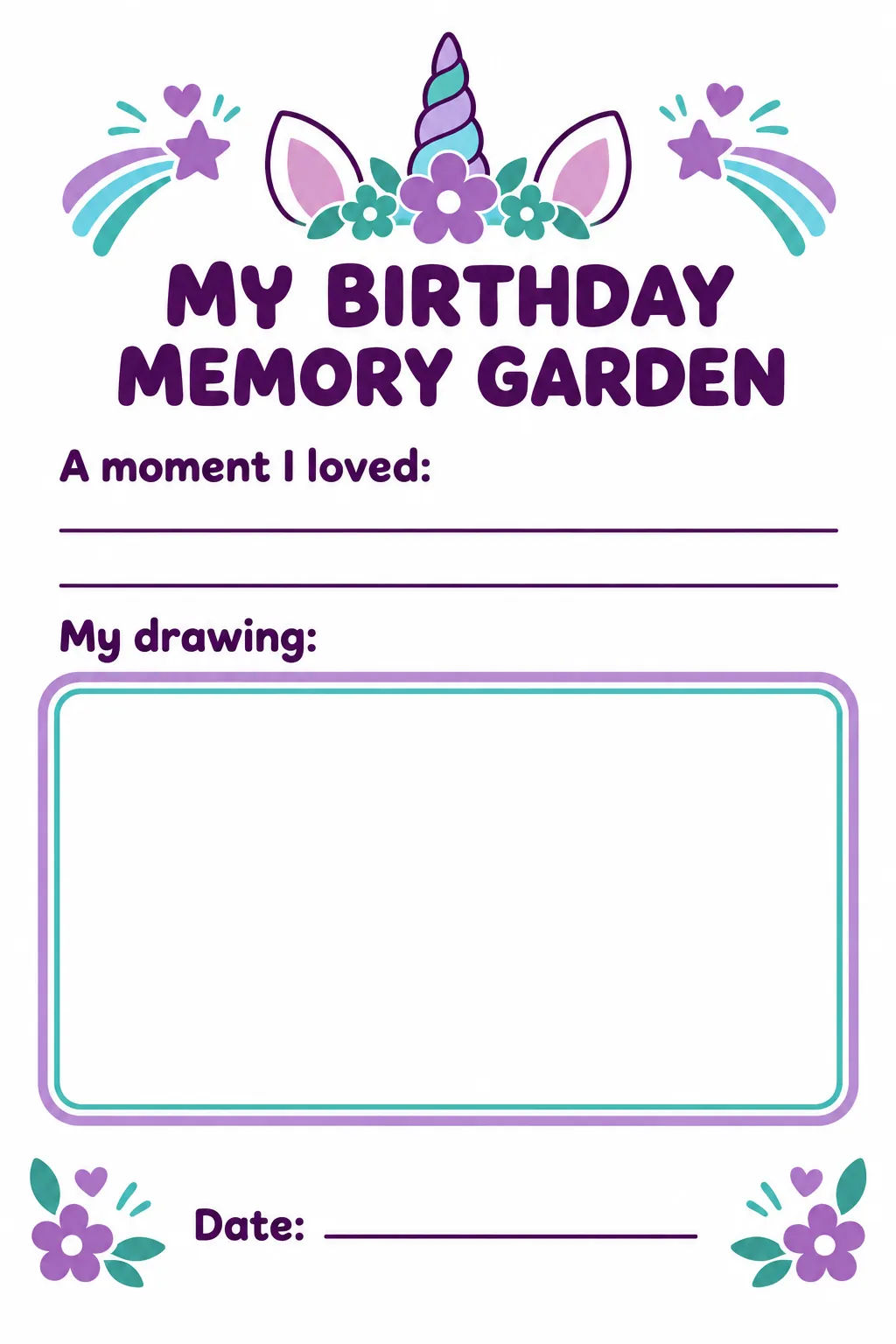 Birthday memory garden printable for a unicorn birthday party