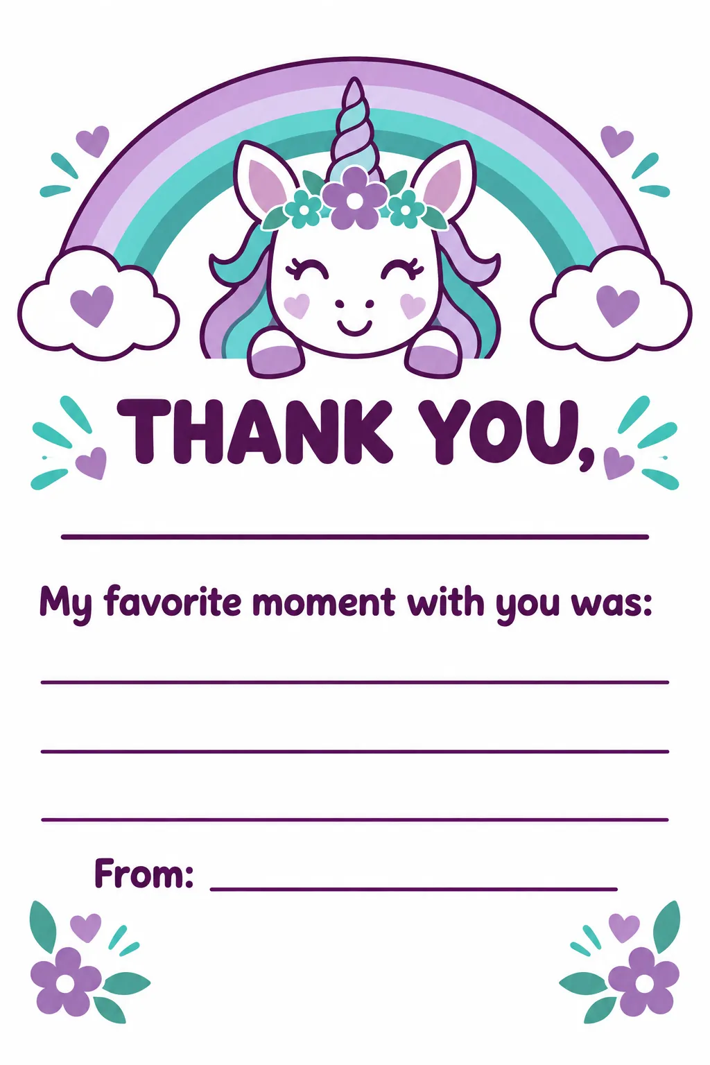 Thank you rainbow postcard printable for a unicorn birthday party