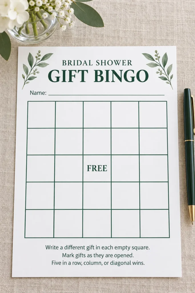 Botanical bridal gift bingo card and pen on a shower table