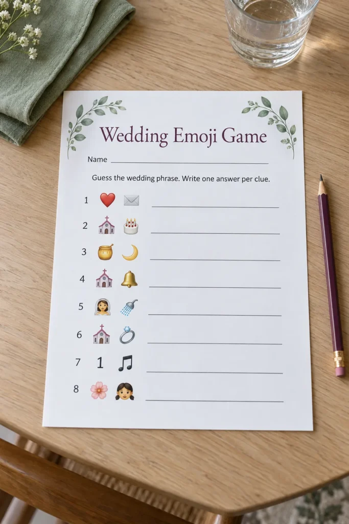 Wedding emoji game sheet ready on a bridal shower table