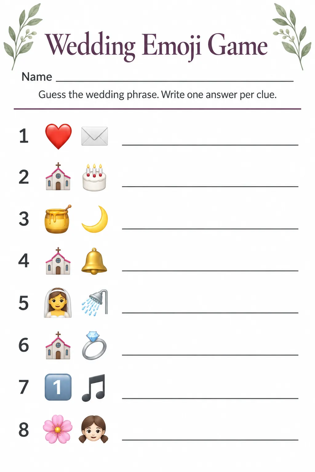 Bridal shower wedding emoji game printable