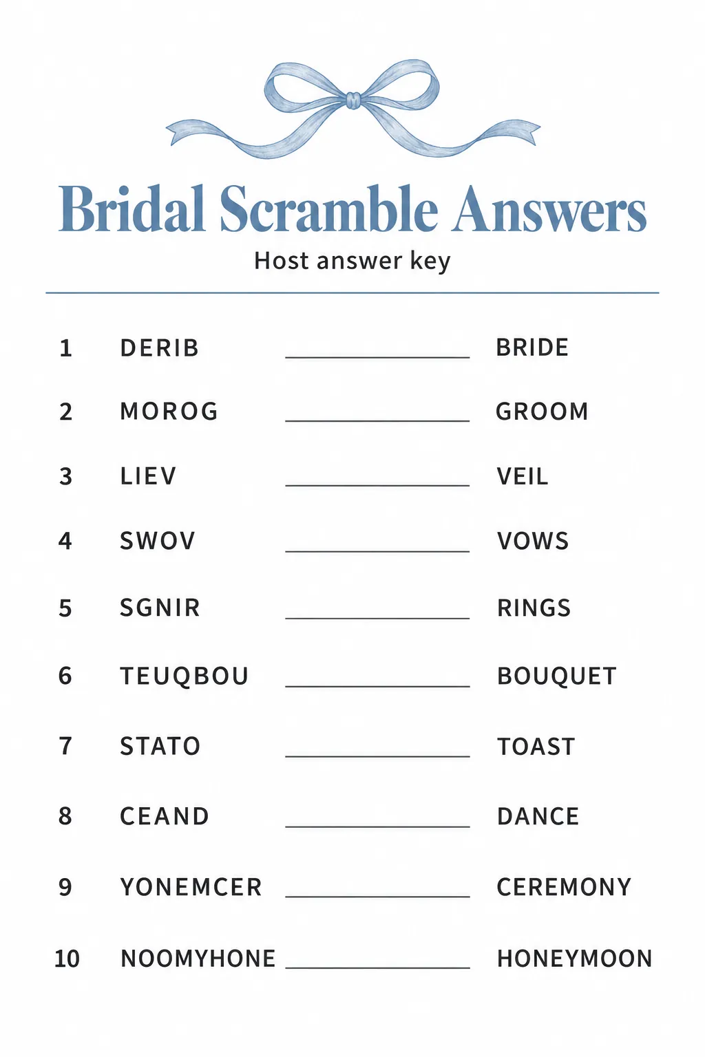 Bridal shower word scramble key printable