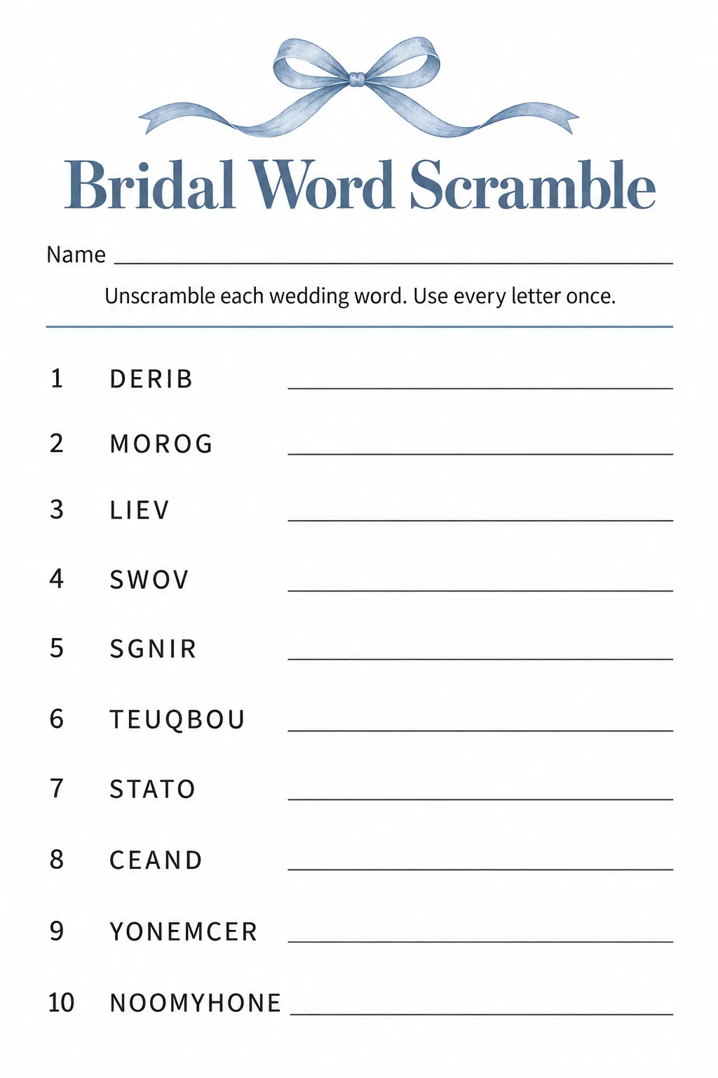 Bridal shower word scramble game printable
