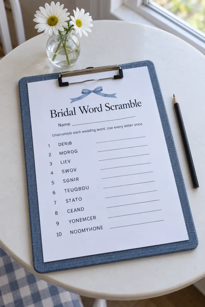 Bridal word scramble printable on a blue clipboard