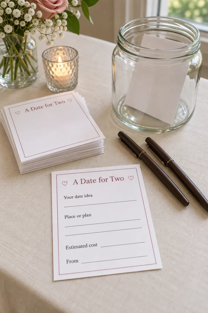 Date night suggestion cards beside a wedding keepsake jar