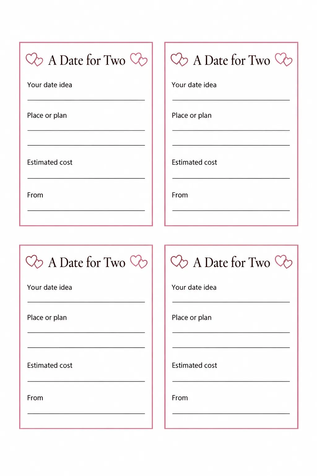 Four printable date night idea cards with practical prompts for wedding guests