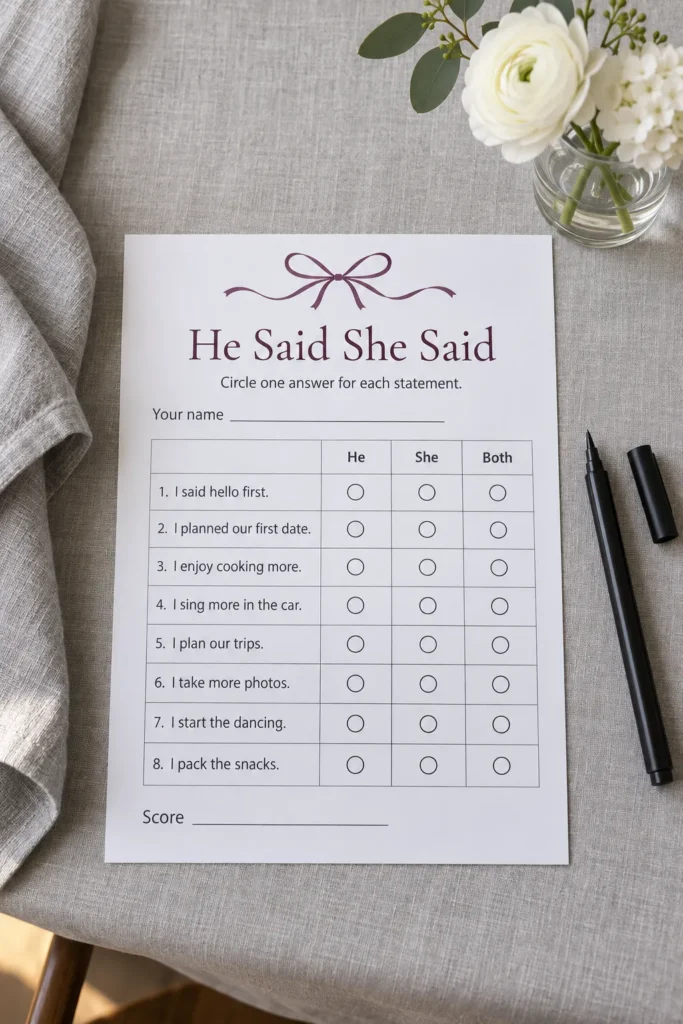 Bridal shower guessing game sheet and pen on a linen table