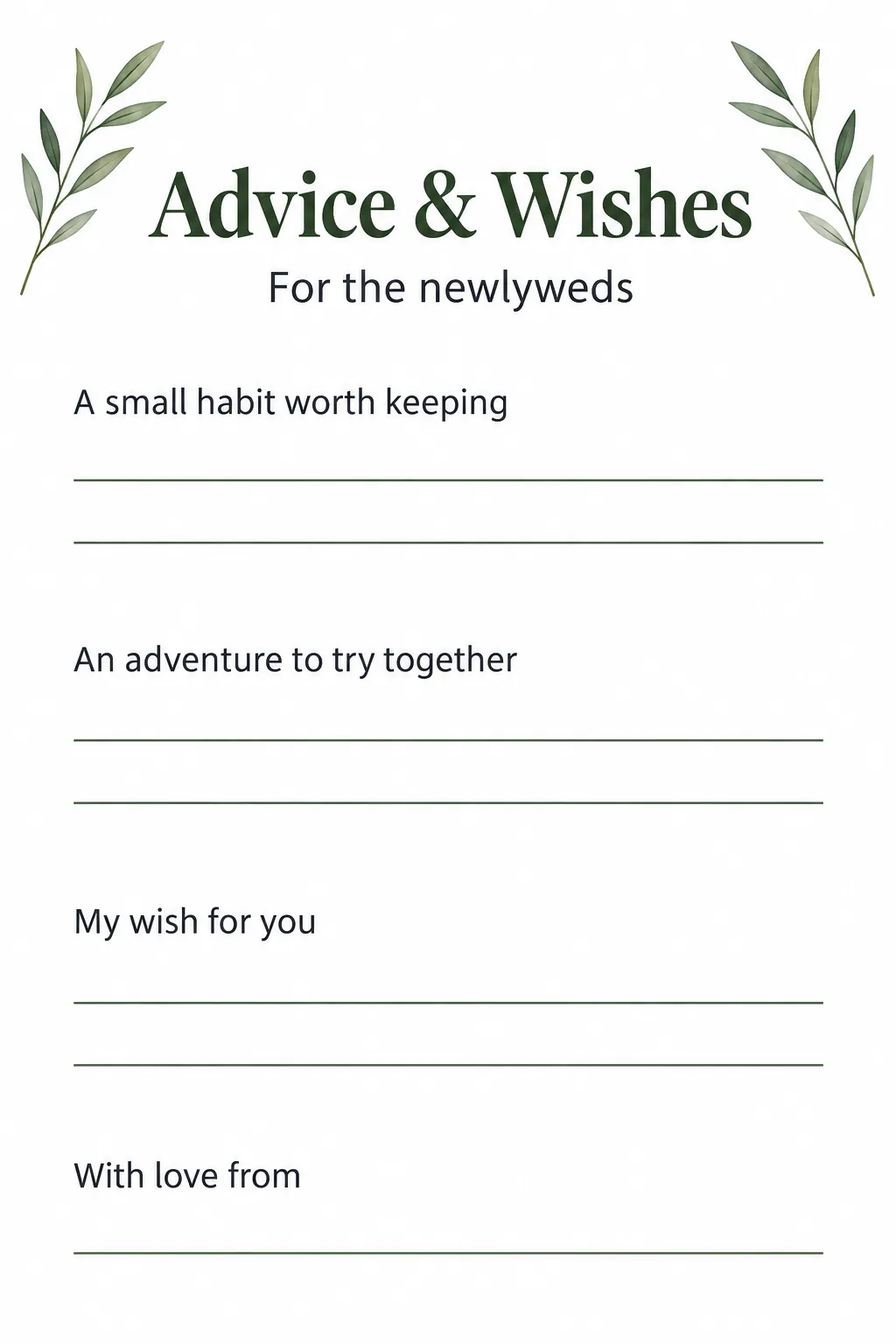 Wedding advice printable with three thoughtful prompts and blank writing lines