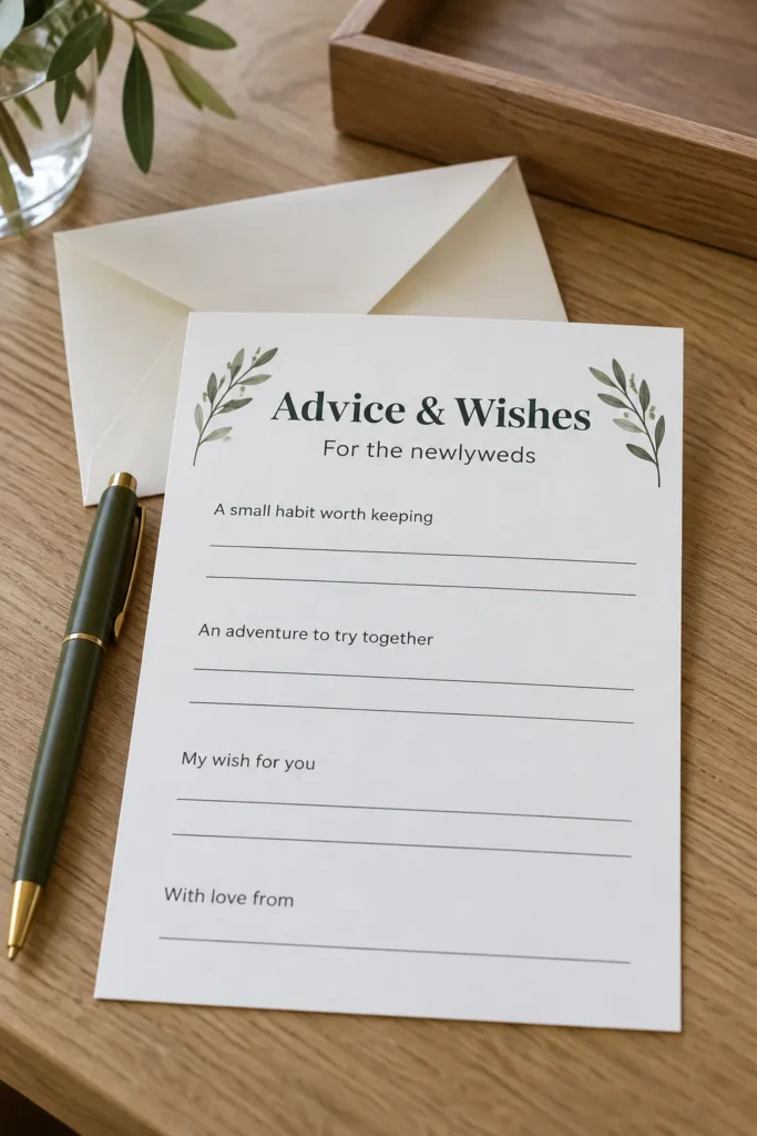 Botanical wedding advice card beside a pen and envelope