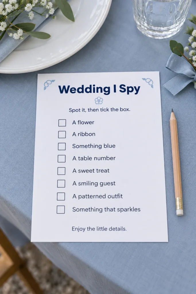Wedding I Spy checklist and pencil at a blue reception place setting