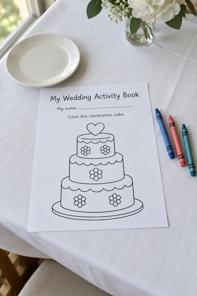 Wedding activity coloring page and crayons on a reception table