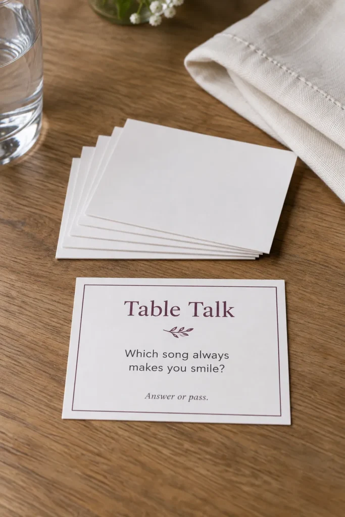 Wedding Table Talk card beside a linen napkin