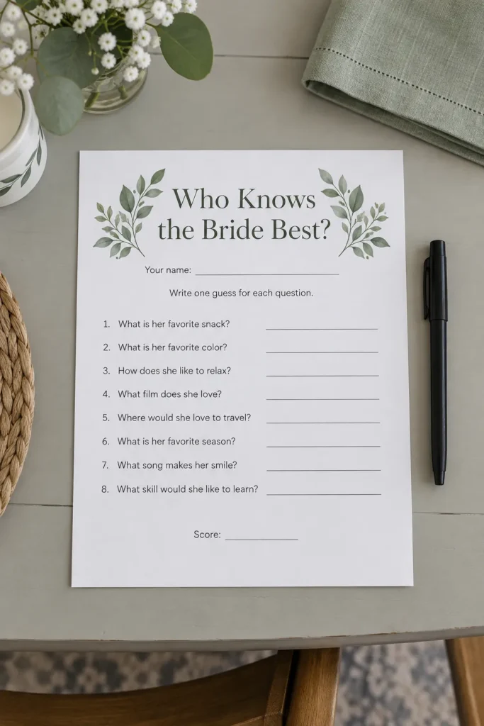 Blank bridal shower quiz and pen ready on a table