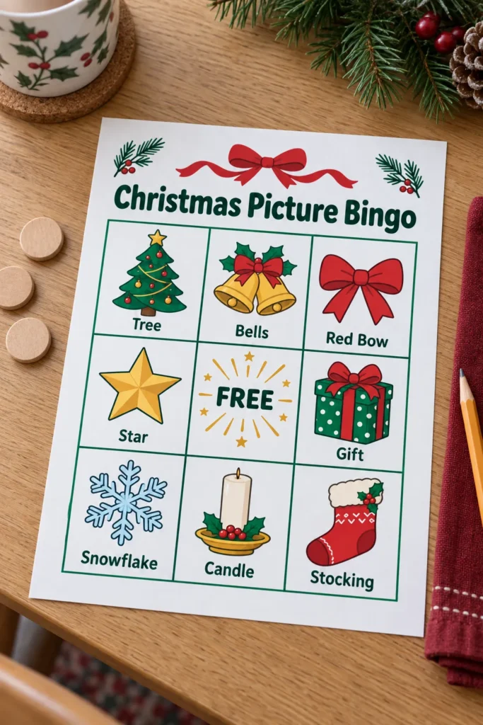 Christmas picture bingo printable on a family table with wooden markers