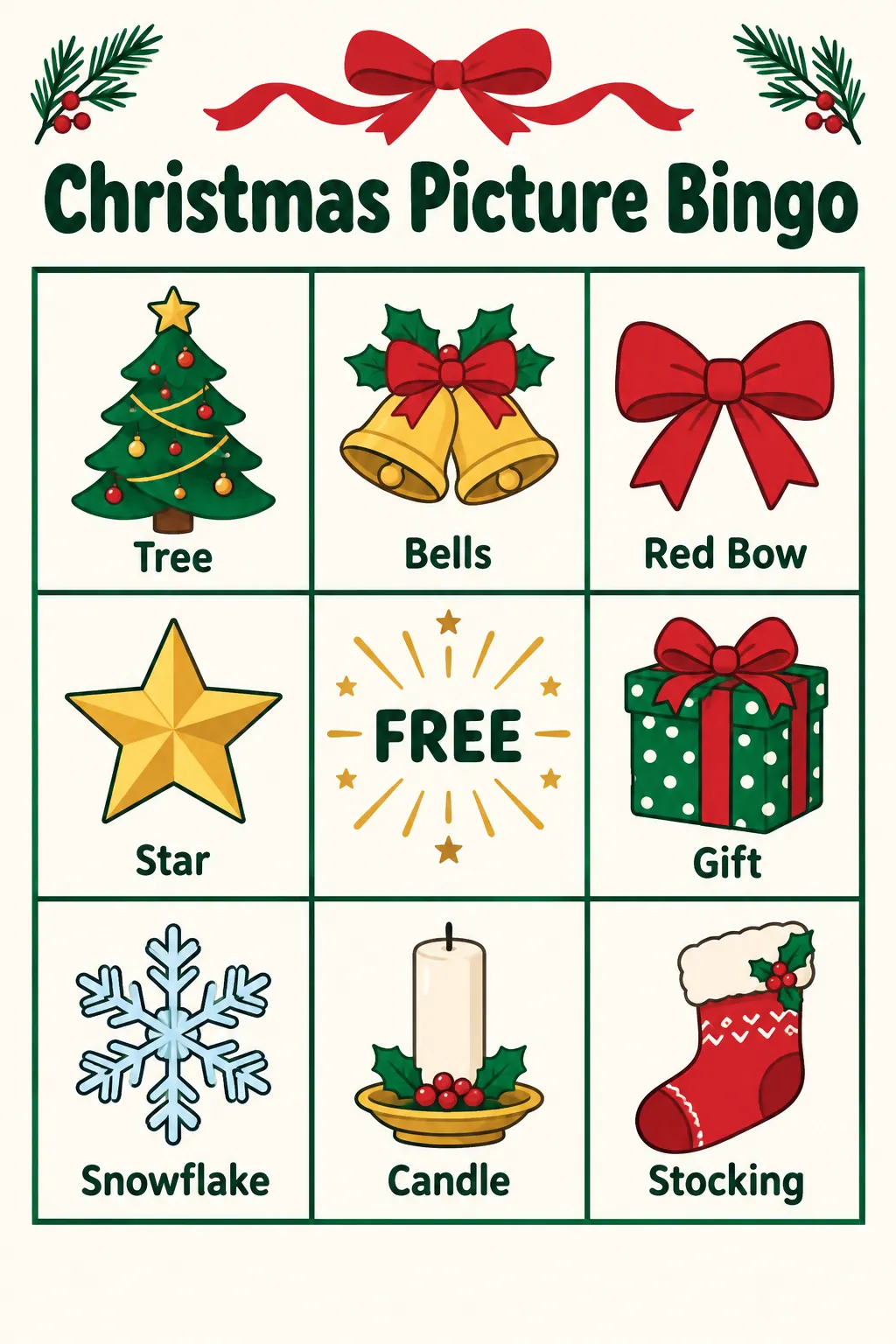 Printable Christmas picture bingo card with eight holiday objects and a free center square