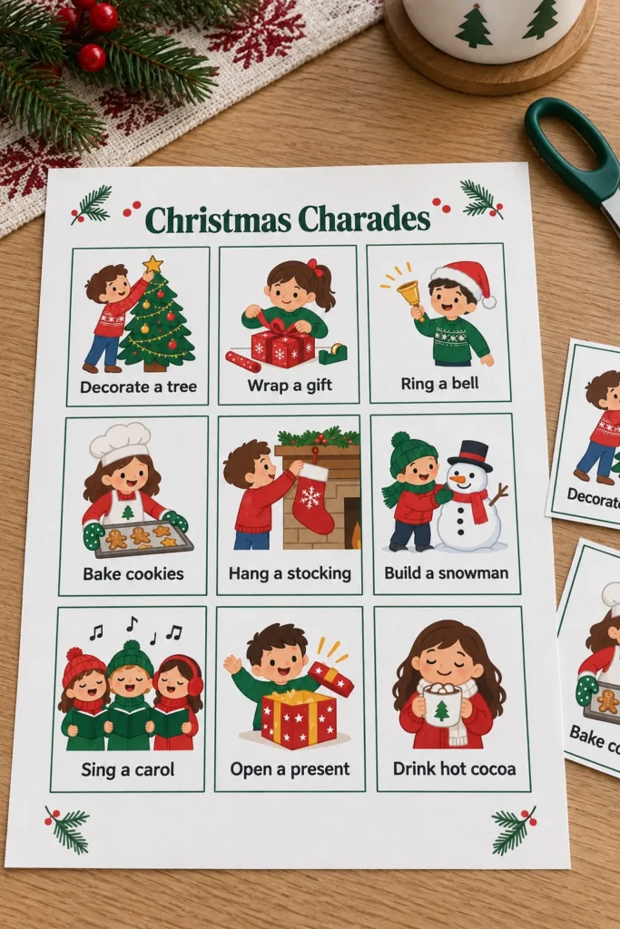 Christmas charades printable cards on a table ready for a family game