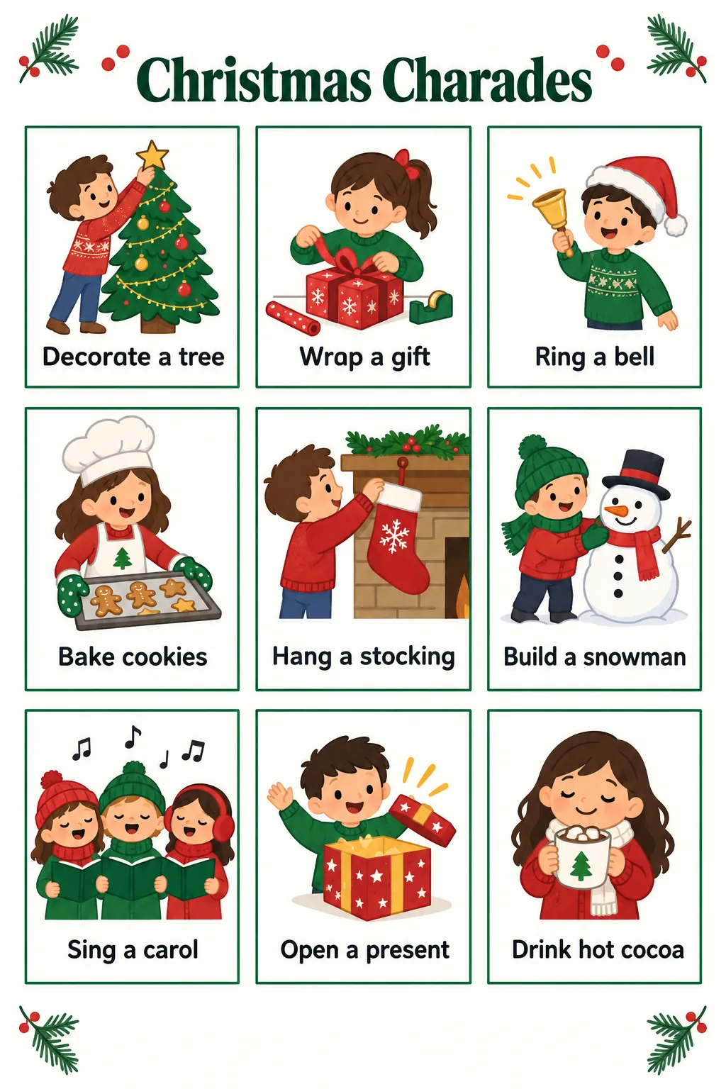 Printable sheet of nine Christmas charades action cards to cut apart