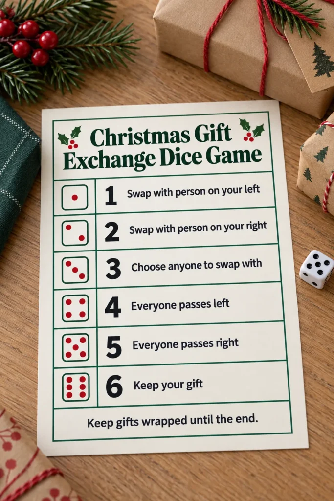 Christmas gift exchange dice rules beside a die and wrapped gifts