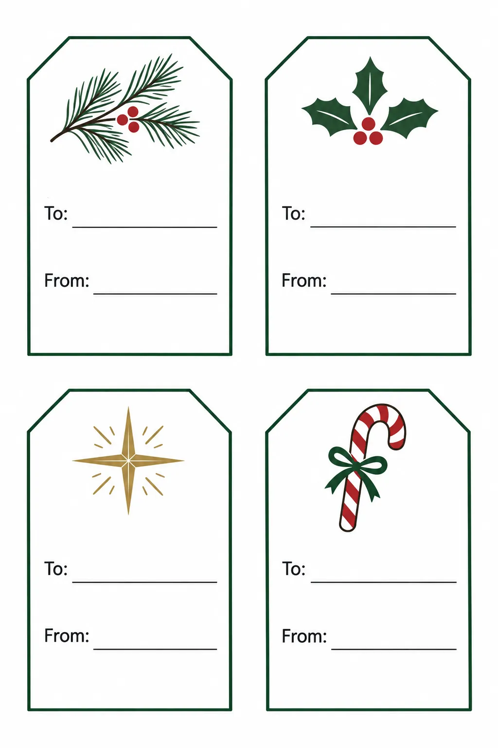 Printable sheet with four Christmas gift tags and blank To and From lines