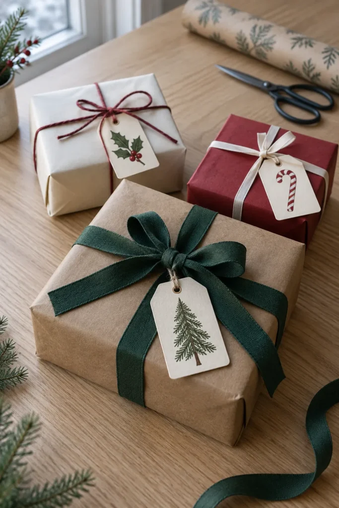 Wrapped Christmas presents with handmade style gift tags on a wooden table