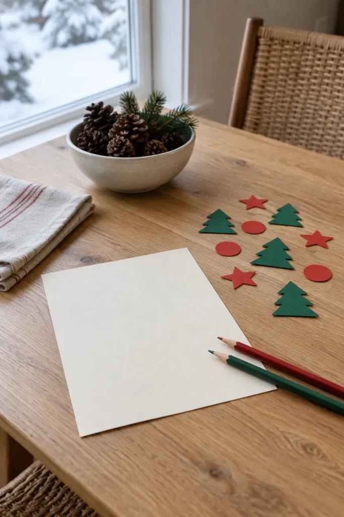 Christmas picture puzzle activity materials arranged on a family table