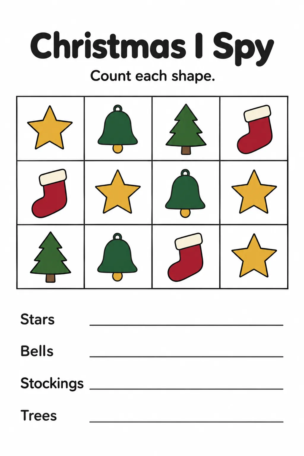 Christmas I Spy printable with a twelve picture counting grid and four answer spaces