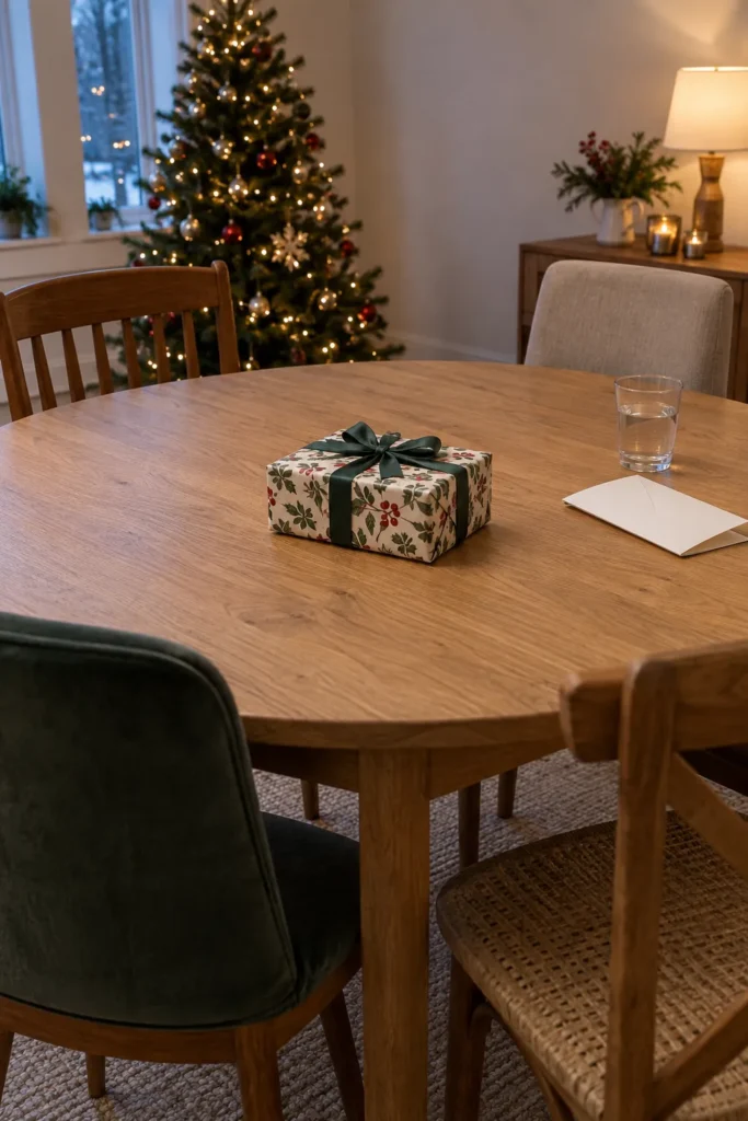Wrapped gift at the center of a family table ready for a Christmas passing game