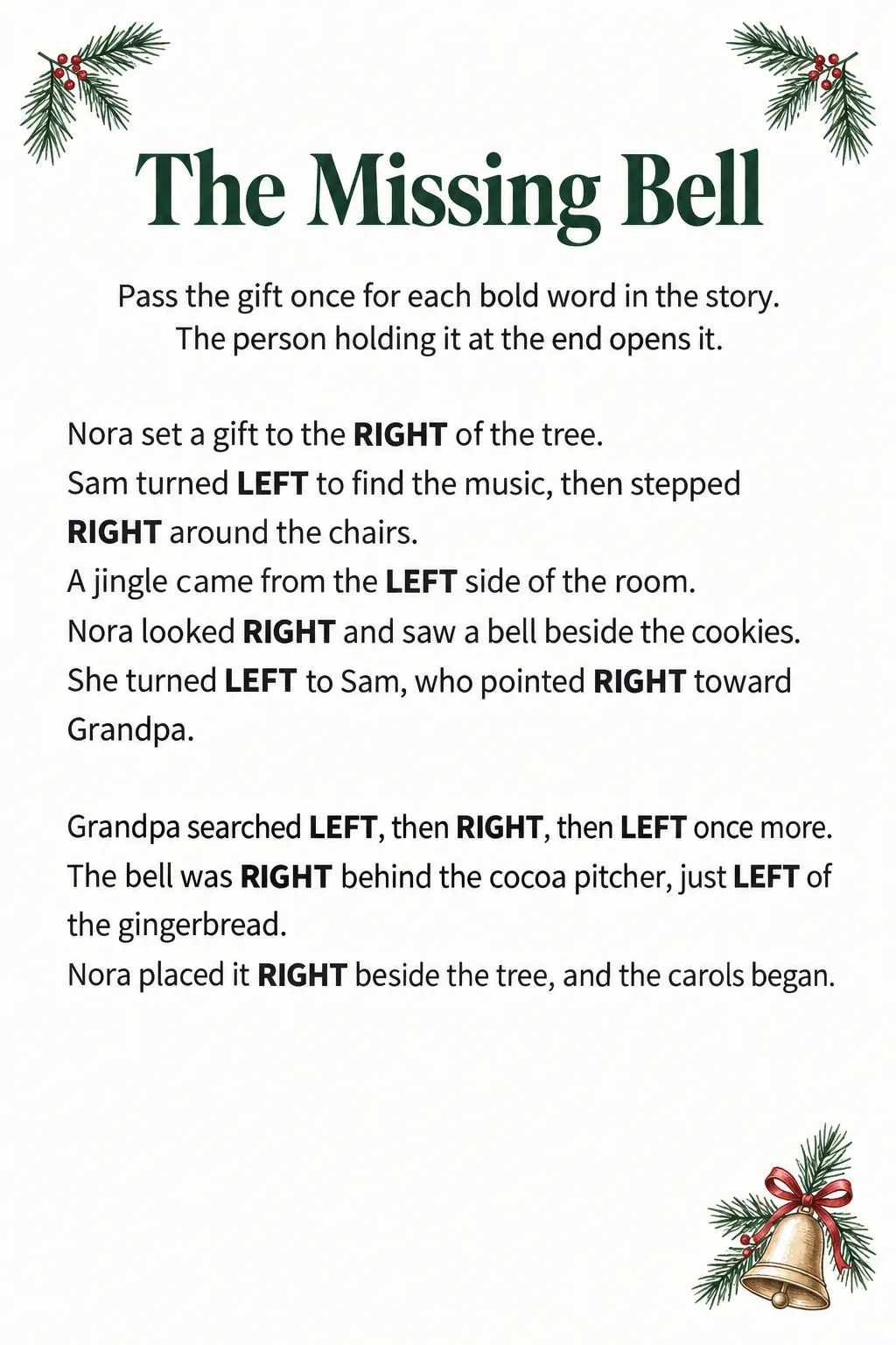 Printable Christmas gift passing story with bold left and right cues