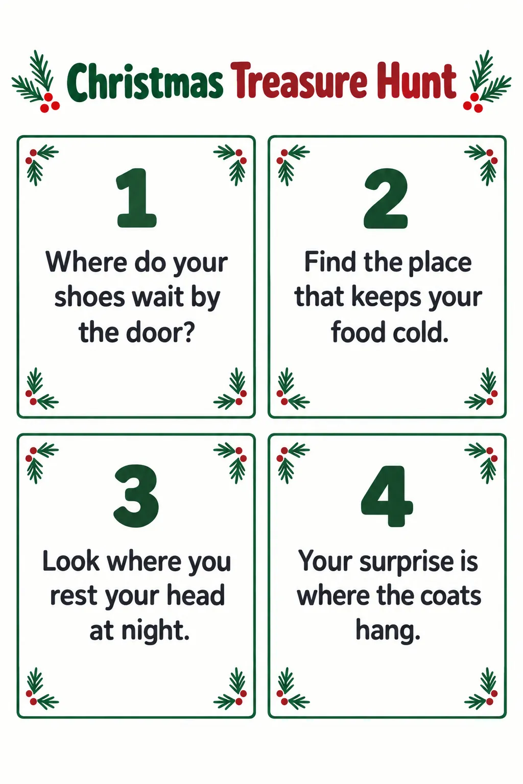 Printable Christmas scavenger hunt sheet with four numbered indoor clue cards