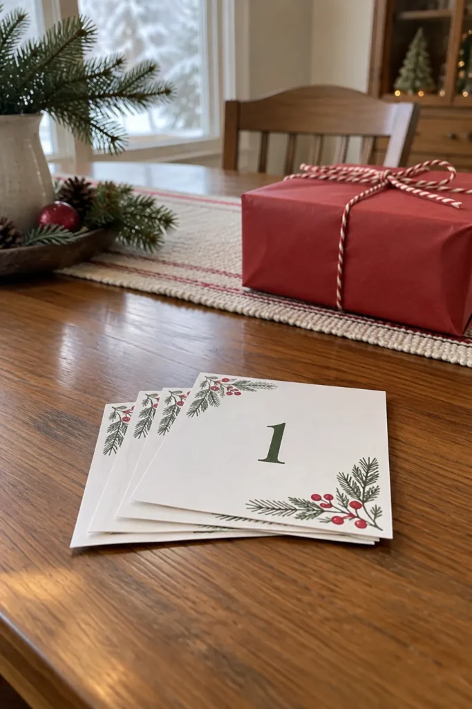 Four Christmas scavenger hunt clue cards on a family table beside a wrapped surprise