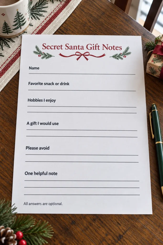 Blank Secret Santa questionnaire beside a pen and wrapped gift