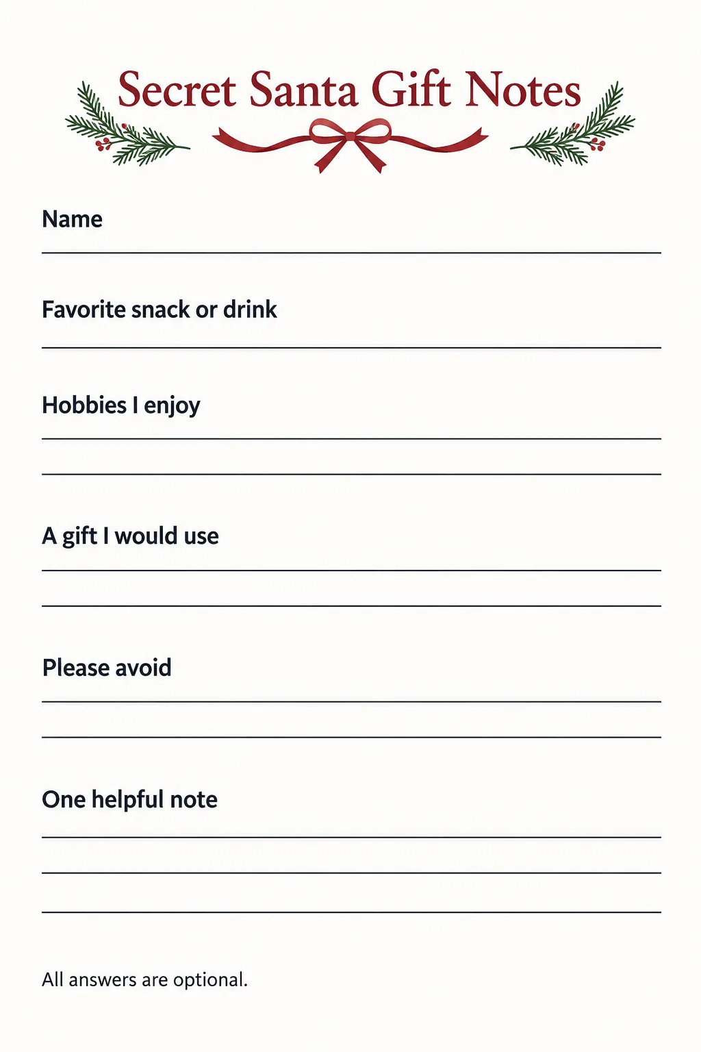 Printable Secret Santa questionnaire with six optional gift preference fields