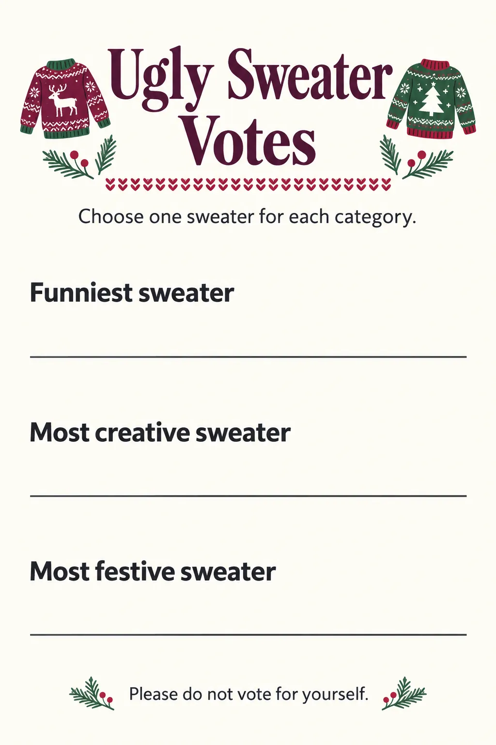 Printable ugly sweater party ballot with three voting categories and name lines