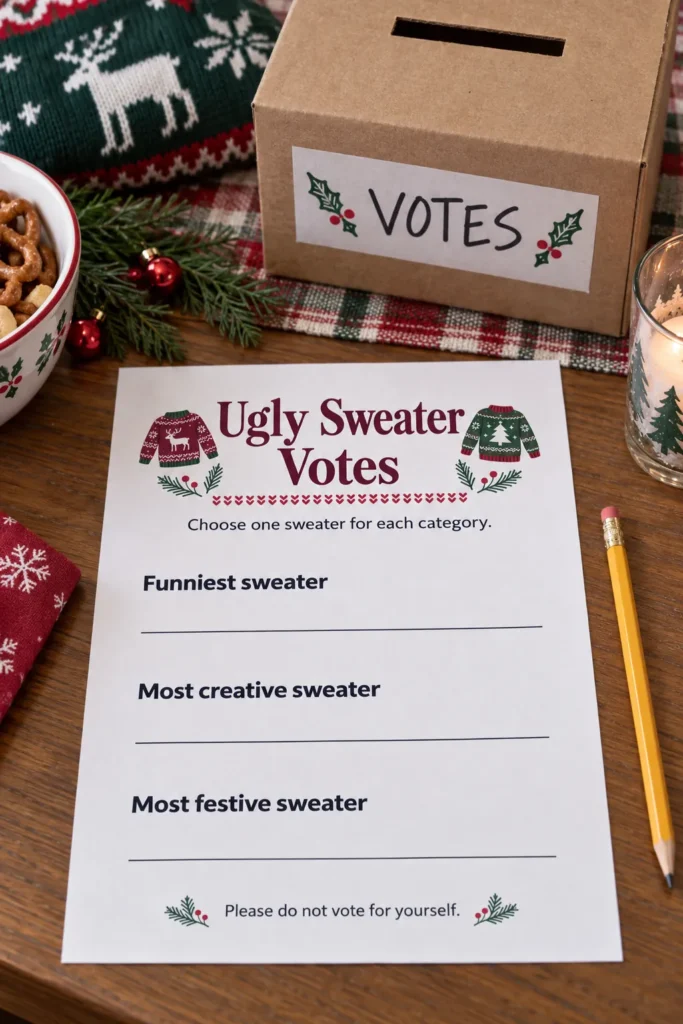 Ugly sweater contest ballot beside a pencil and ballot box at a party