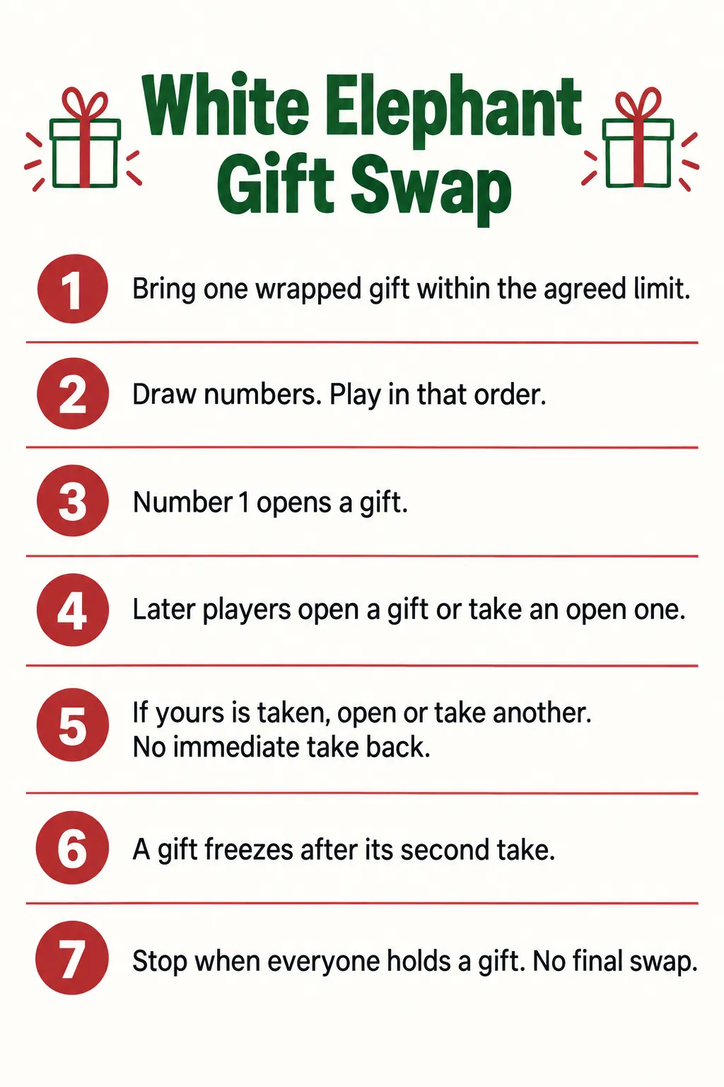 Printable White Elephant gift exchange rules with seven steps for opening and taking gifts