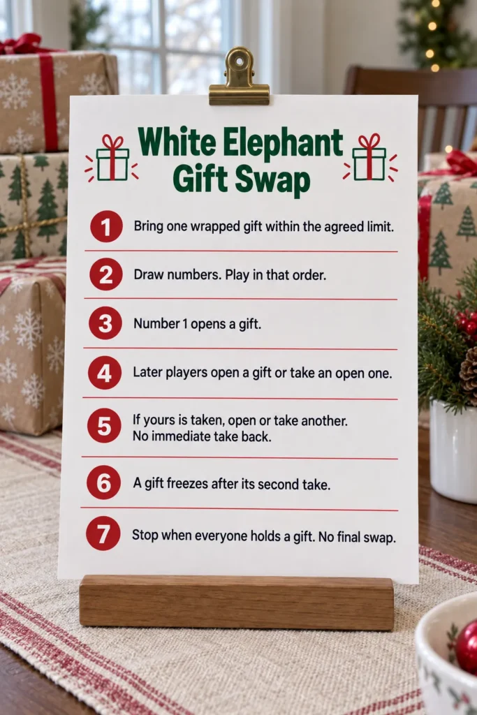 Printed White Elephant gift exchange rules beside wrapped party gifts