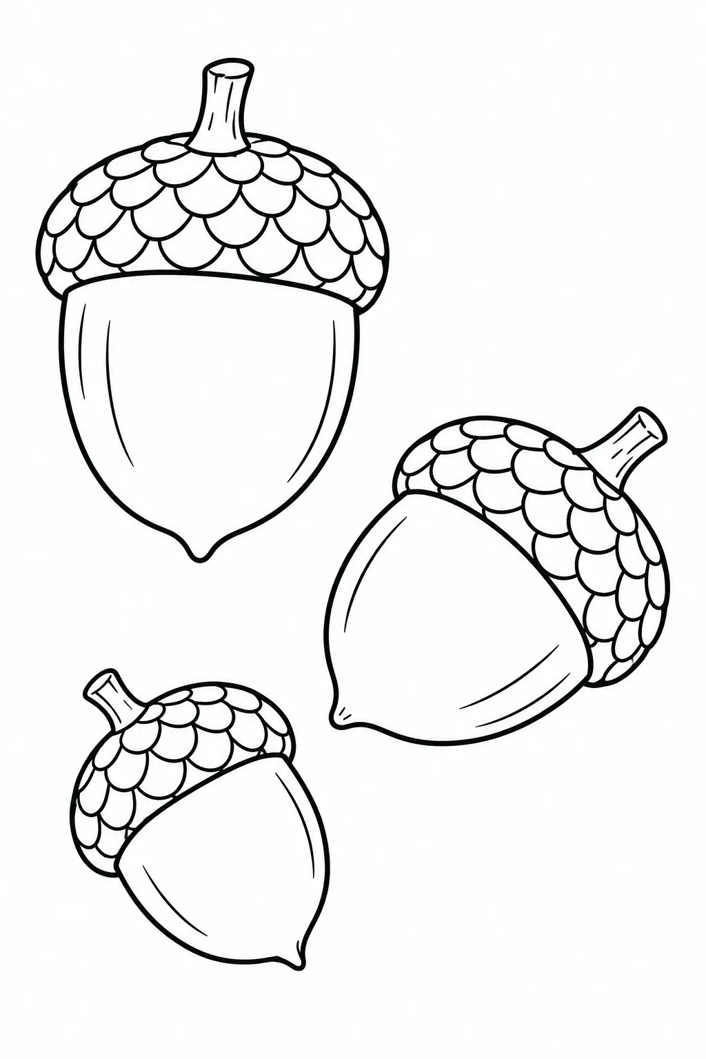 Printable fall coloring page showing acorn trio