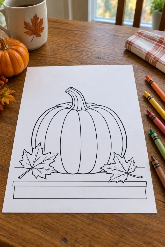 Fall pumpkin coloring page on a table beside crayons