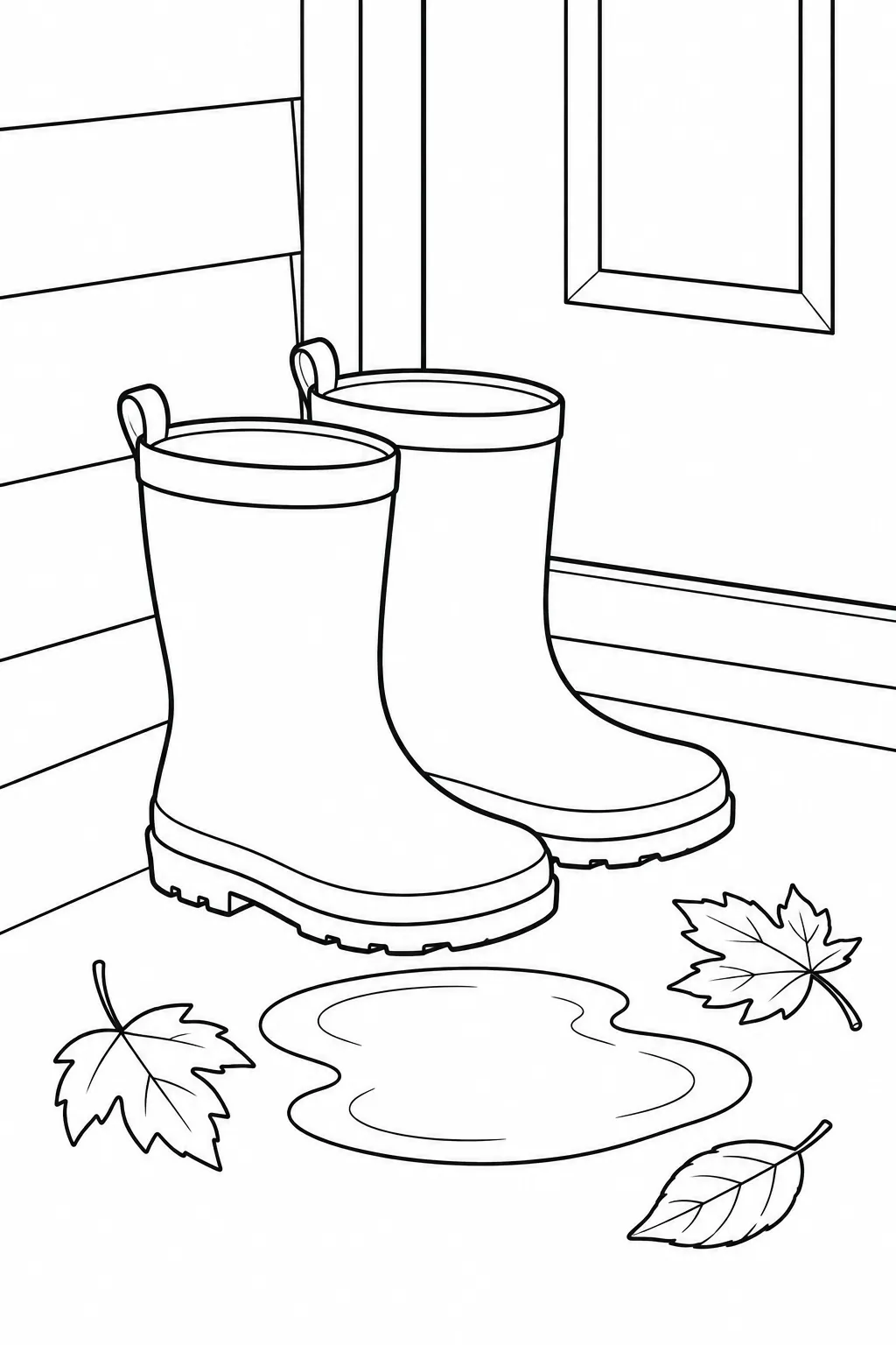 Printable fall coloring page showing rain boots by the door