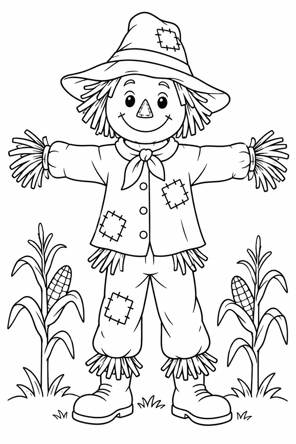 Printable fall coloring page showing smiling scarecrow