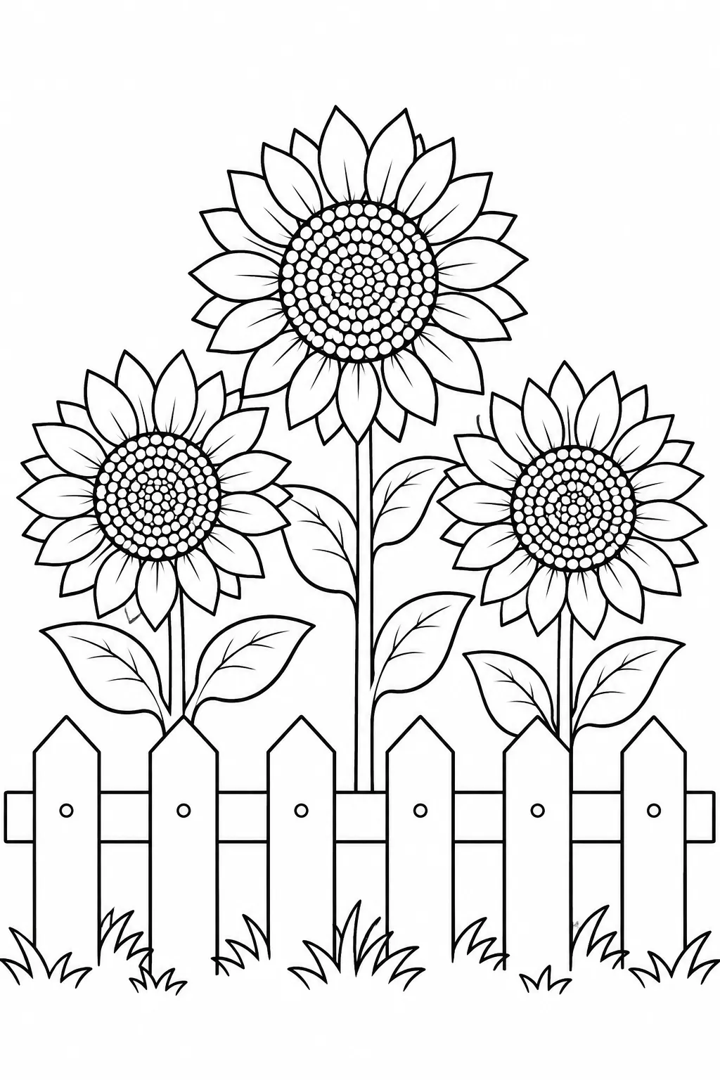 Printable fall coloring page showing sunflower patch