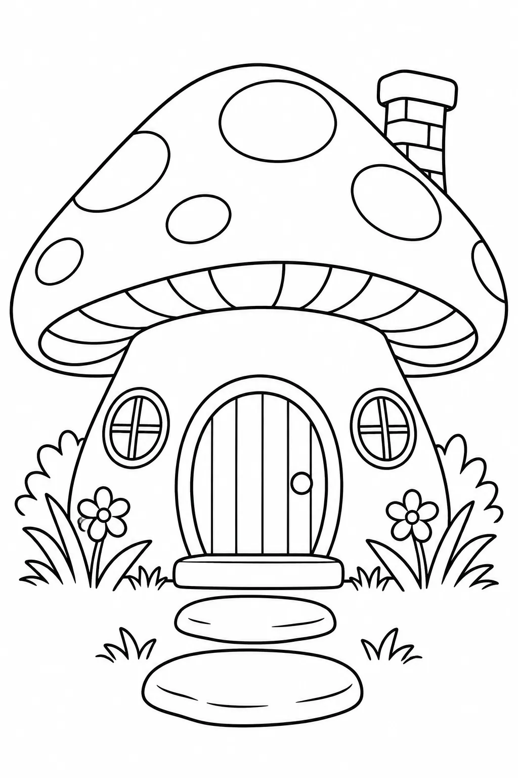 Printable fall coloring page showing mushroom cottage