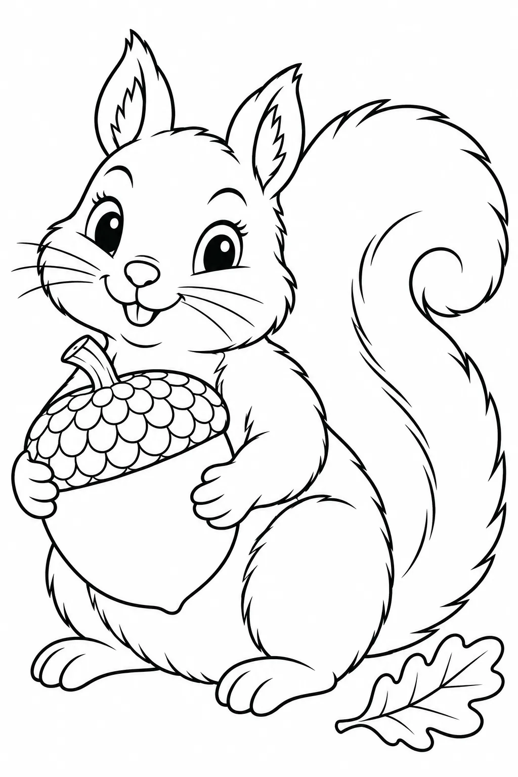 Printable fall coloring page showing squirrel and acorn