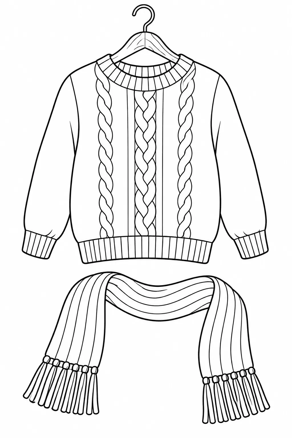 Printable fall coloring page showing sweater and scarf