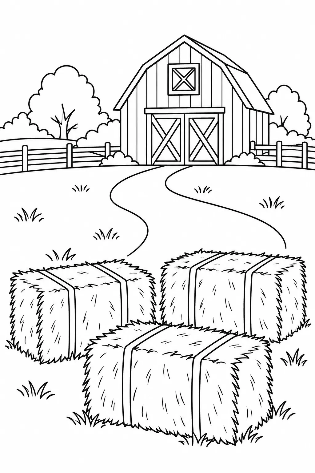 Printable fall coloring page showing barn and hay bales