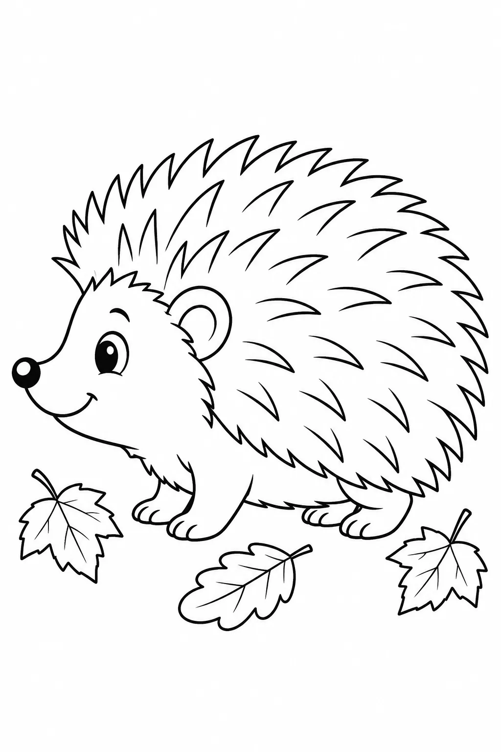 Printable fall coloring page showing friendly hedgehog